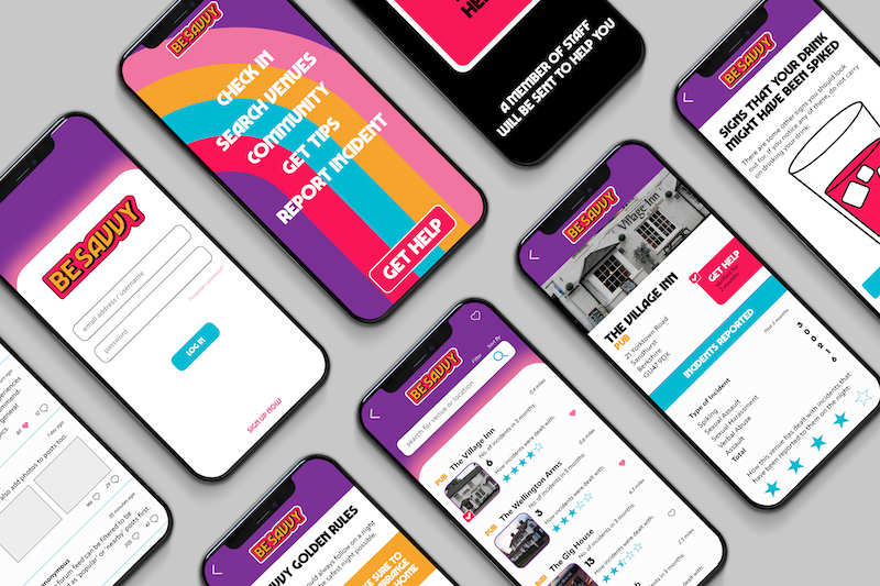 Image shows a range of concept images of the BeSavvy app, promoting safety on nights out